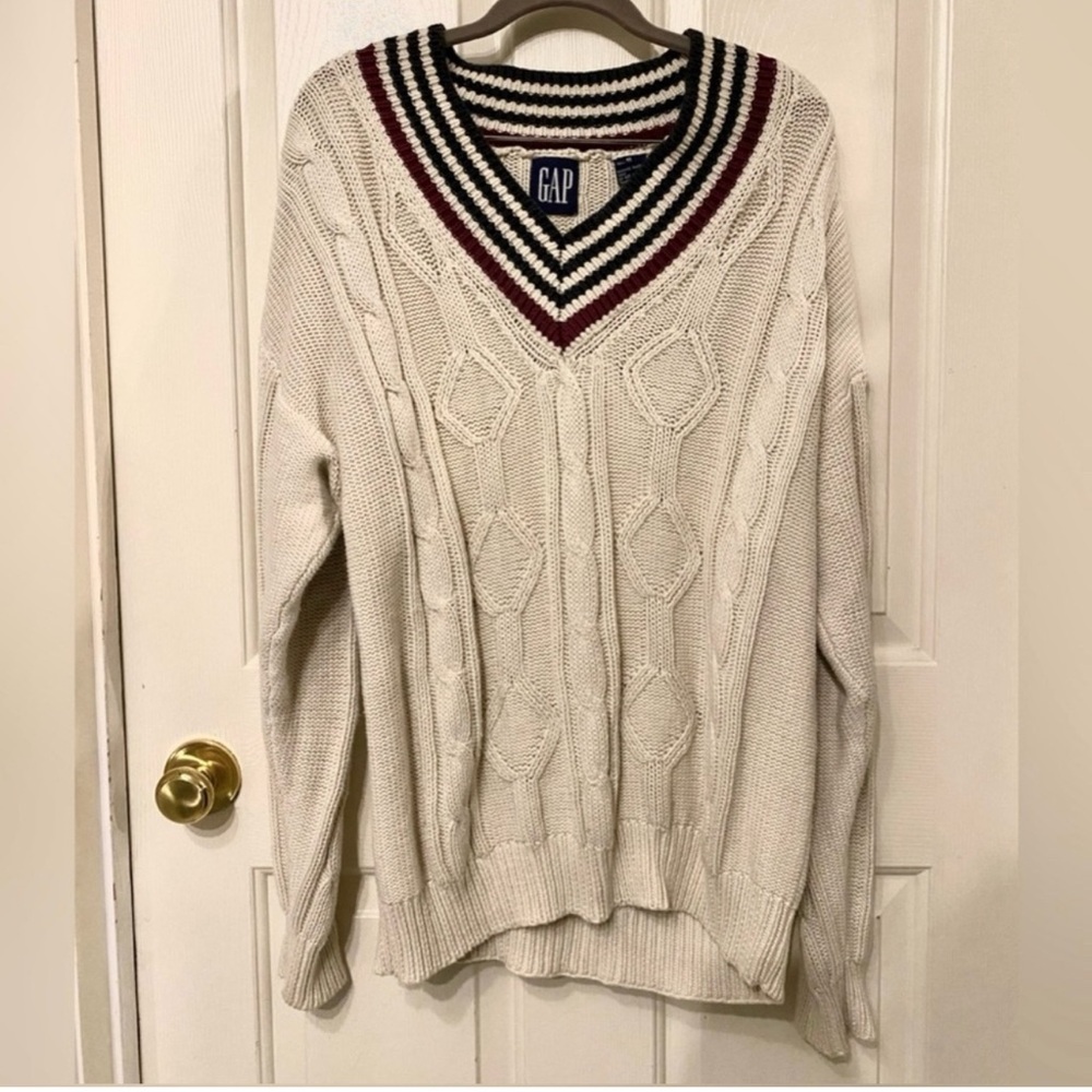 GAP Cream Cable Knit V-Neck Sweater with Navy & Burgundy Trim